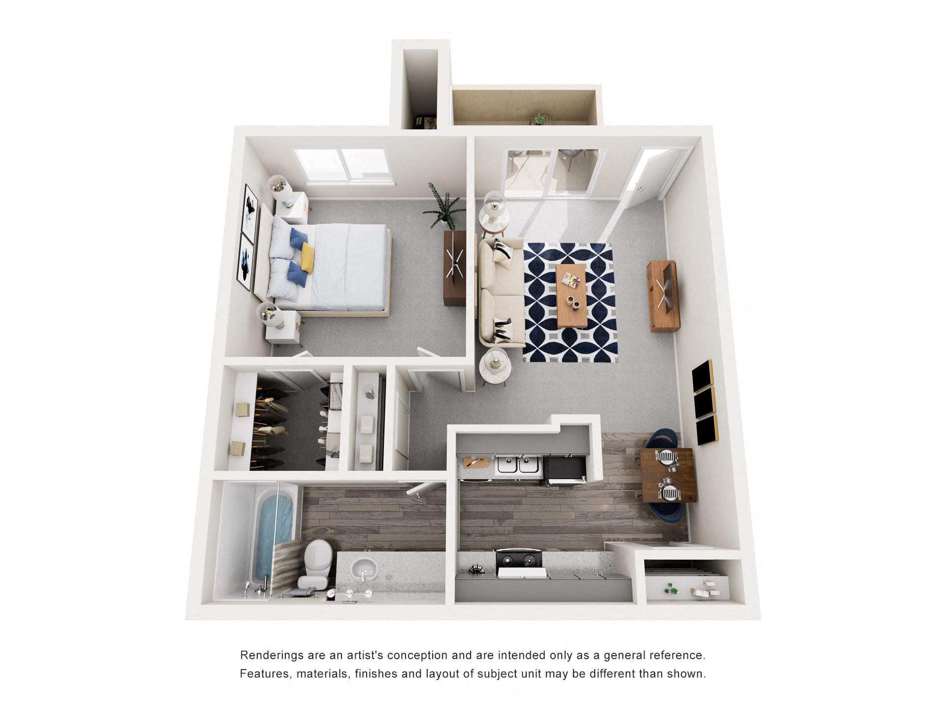 Floor plan for 1 bed, 1 bath, 645 sqft